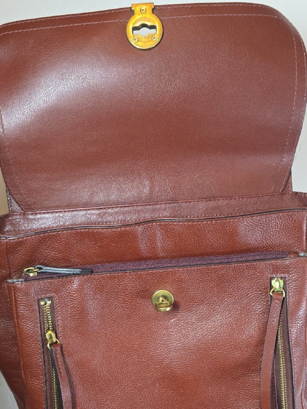 Fossil Amelia Brown Pebbled Leather Convertible Backpack Top Handle Bag Gold Key - Picture 6 of 16